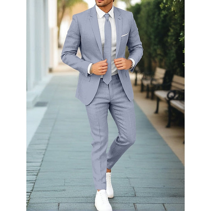 "Costume décontracté 2 pièces homme: veste et pantalon élégants, tissu léger beige, bleu, gris-bleu, parfait pour les événeme