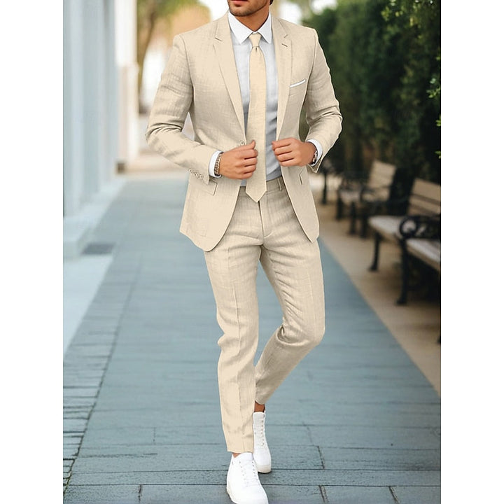"Costume décontracté 2 pièces homme: veste et pantalon élégants, tissu léger beige, bleu, gris-bleu, parfait pour les événeme