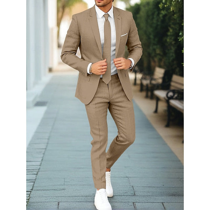"Costume décontracté 2 pièces homme: veste et pantalon élégants, tissu léger beige, bleu, gris-bleu, parfait pour les événeme