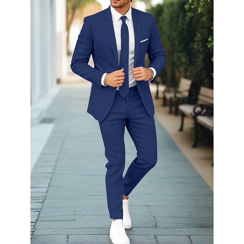 "Costume décontracté 2 pièces homme: veste et pantalon élégants, tissu léger beige, bleu, gris-bleu, parfait pour les événeme