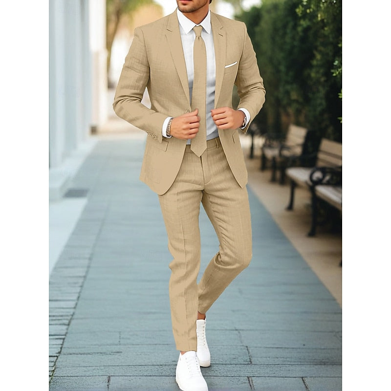 "Costume décontracté 2 pièces homme: veste et pantalon élégants, tissu léger beige, bleu, gris-bleu, parfait pour les événeme