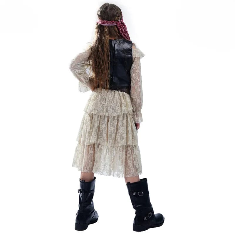 "Déguisement pirate fillette avec jupe rayée rouge, gilet noir et chapeau tricorne."