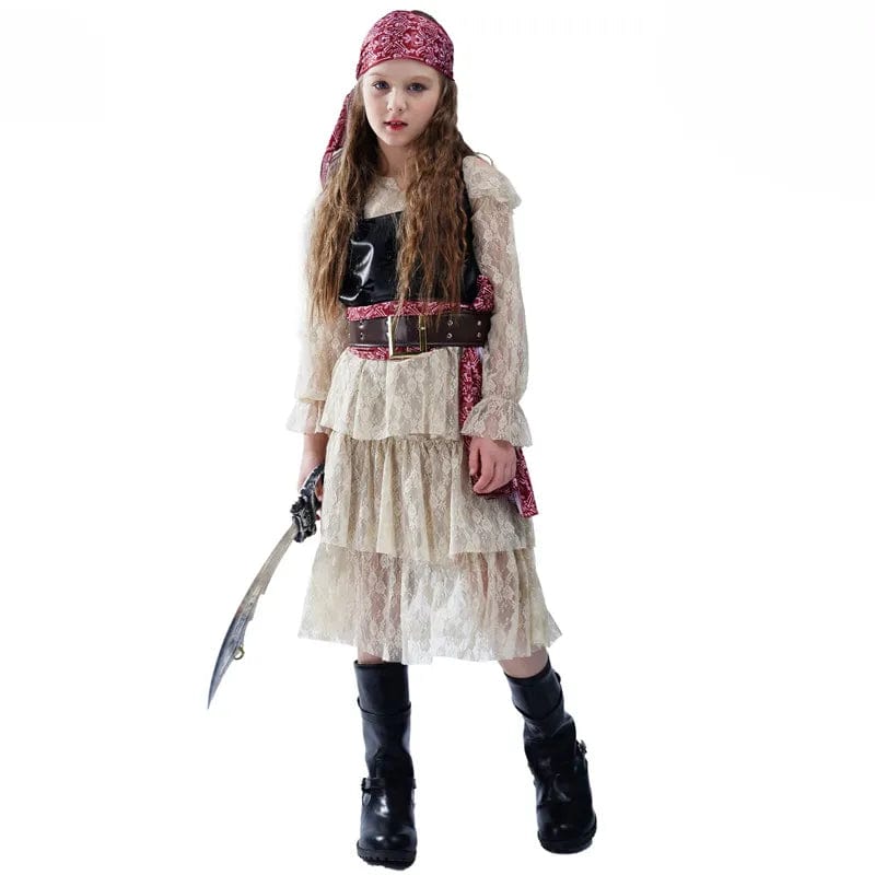 "Déguisement pirate fillette avec jupe rayée rouge, gilet noir et chapeau tricorne."