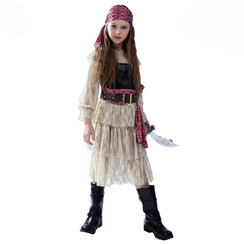 "Déguisement pirate fillette avec jupe rayée rouge, gilet noir et chapeau tricorne."