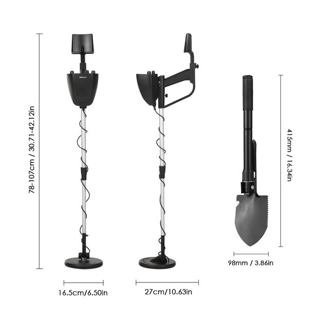 "Détecteur de métaux pro robuste avec bobine étanche, casque audio inclus, design ajustable pour chasse aisée aux trésors."