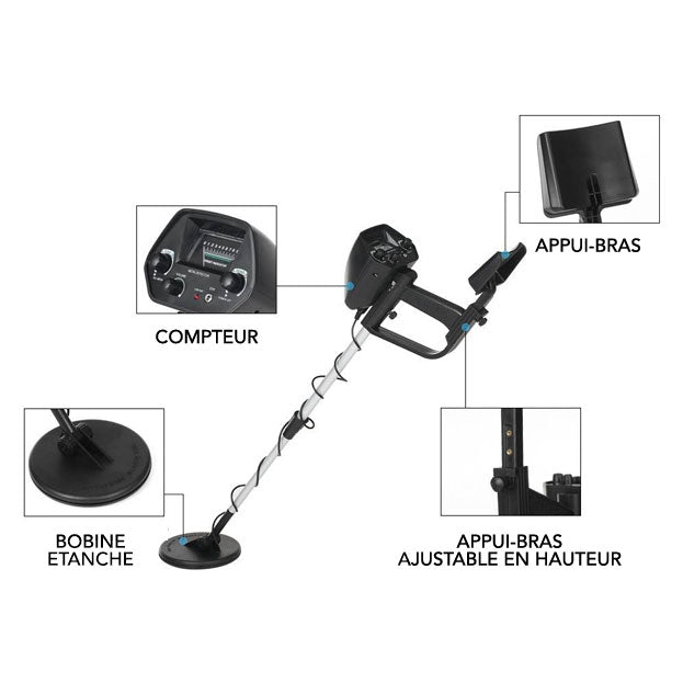 "Détecteur de métaux pro robuste avec bobine étanche, casque audio inclus, design ajustable pour chasse aisée aux trésors."