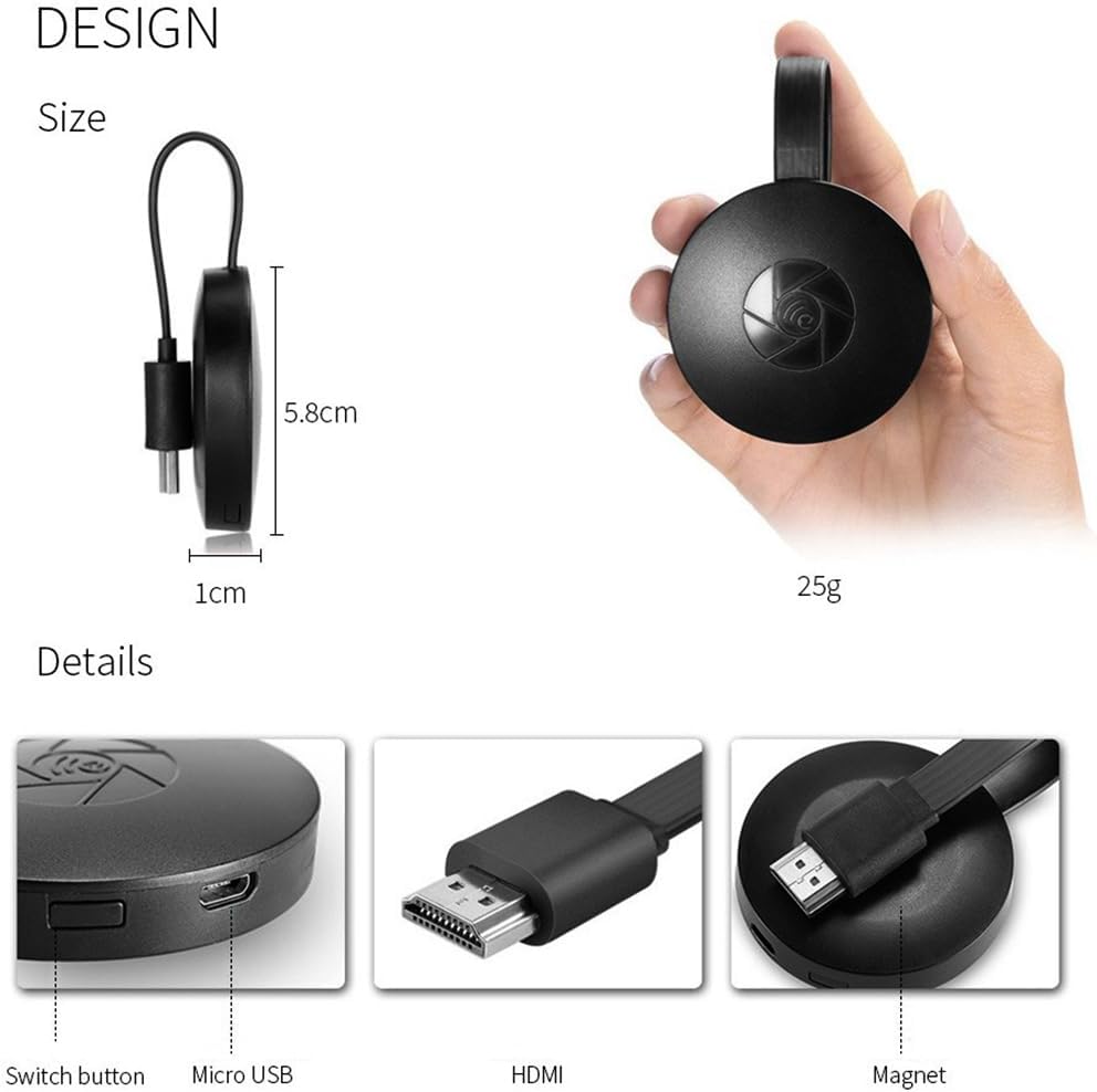 Diffuseur vidéo 1080p noir compact, connecté HDMI et Wi-Fi, pour streaming HD depuis Android, iPhone sur TV.