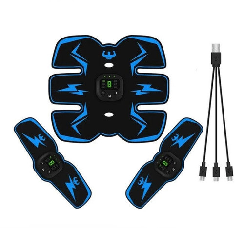 "Électrostimulateur EMS blanc et bleu, compact, pour musculation ciblée, gestion du poids et renforcement à domicile."