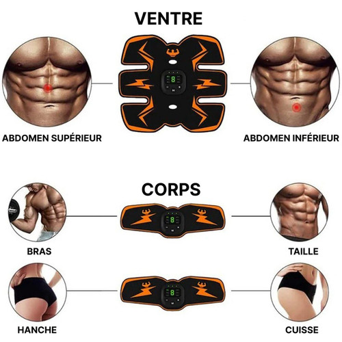 "Électrostimulateur EMS blanc et bleu, compact, pour musculation ciblée, gestion du poids et renforcement à domicile."