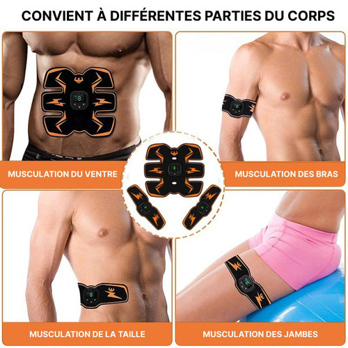 "Électrostimulateur EMS blanc et bleu, compact, pour musculation ciblée, gestion du poids et renforcement à domicile."