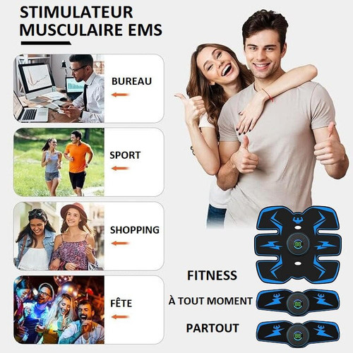 "Électrostimulateur EMS blanc et bleu, compact, pour musculation ciblée, gestion du poids et renforcement à domicile."
