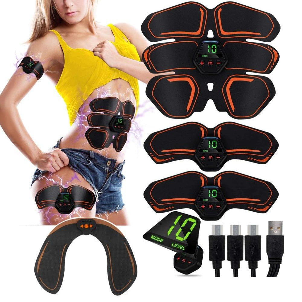 "Électrostimulateur musculaire sans fil, équipé d'électrodes, idéal pour raffermir les abdominaux et sculpter la silhouette."
