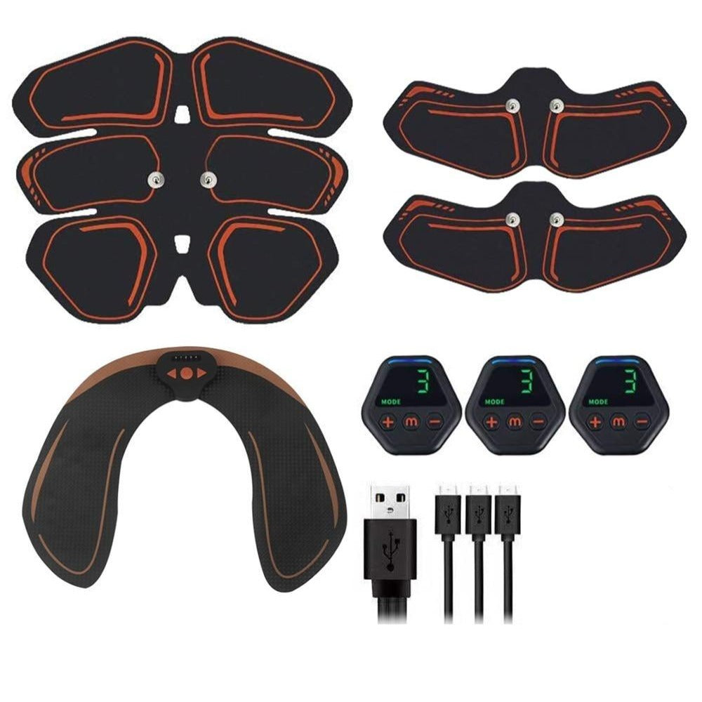 "Électrostimulateur musculaire sans fil, équipé d'électrodes, idéal pour raffermir les abdominaux et sculpter la silhouette."