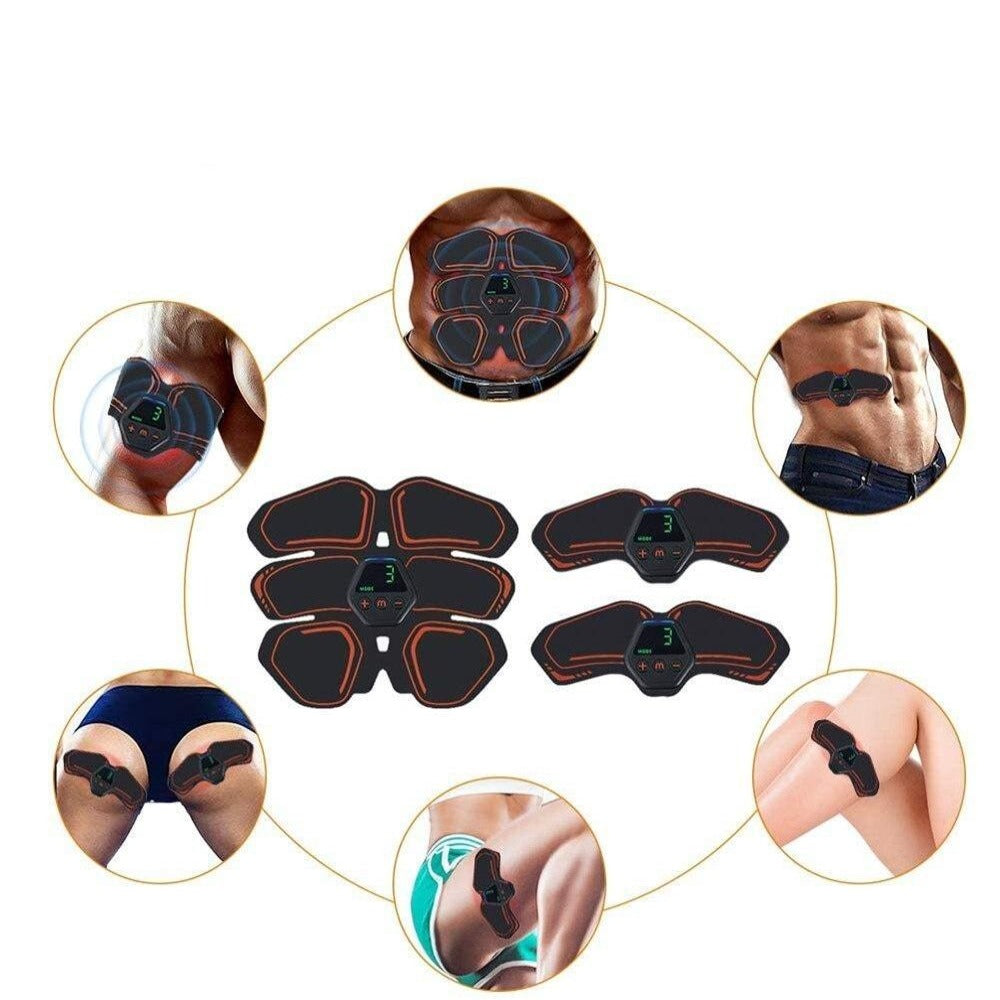 "Électrostimulateur musculaire sans fil, équipé d'électrodes, idéal pour raffermir les abdominaux et sculpter la silhouette."