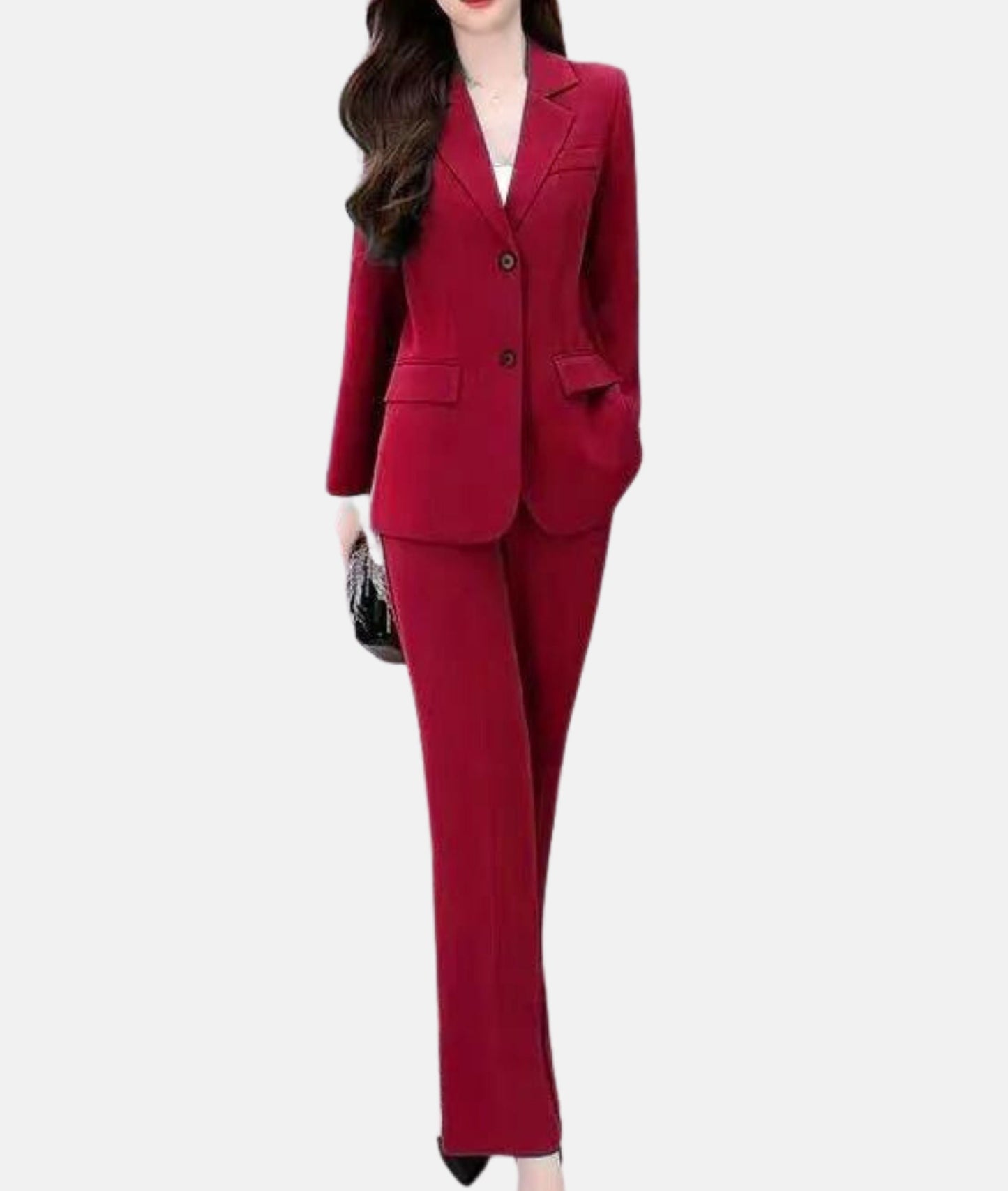 Élégant tailleur-pantalon Manon pour femmes, blazer cintré, tissu raffiné, idéal professionnel ou formel, vue de face.