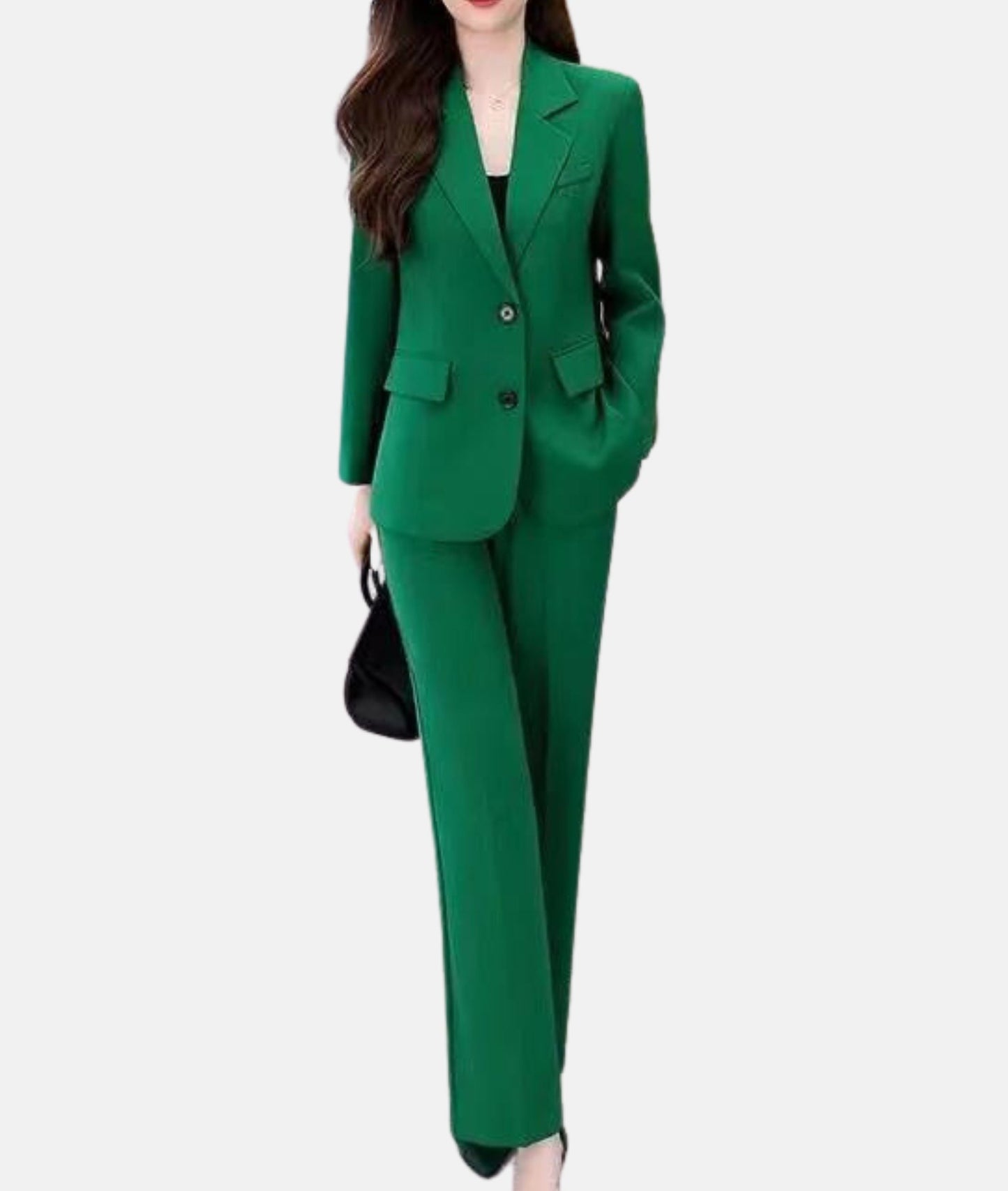Élégant tailleur-pantalon Manon pour femmes, blazer cintré, tissu raffiné, idéal professionnel ou formel, vue de face.