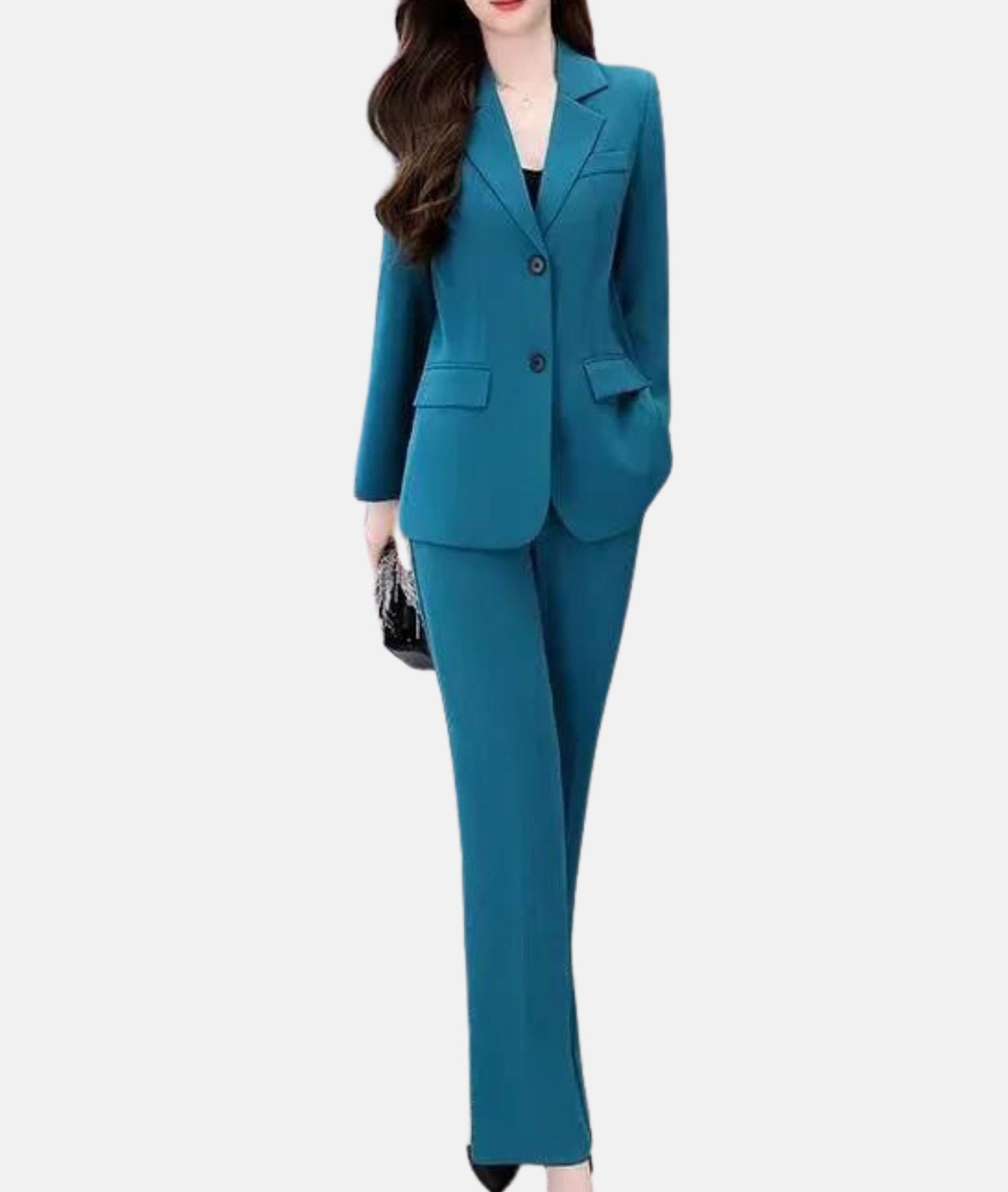 Élégant tailleur-pantalon Manon pour femmes, blazer cintré, tissu raffiné, idéal professionnel ou formel, vue de face.