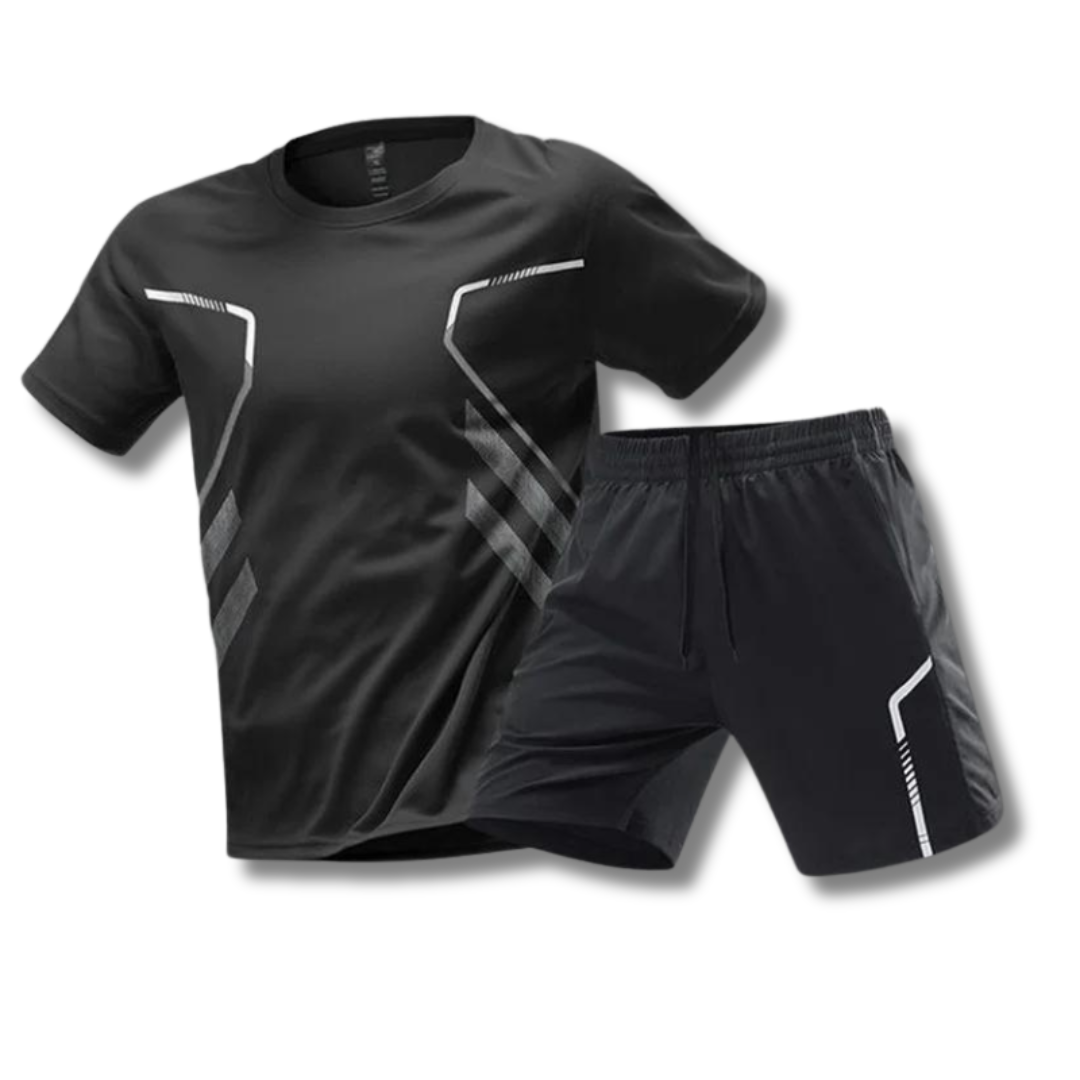 Ensemble de sport homme estival avec t-shirt manches courtes et short ajustable, idéal pour tennis, padel, course.
