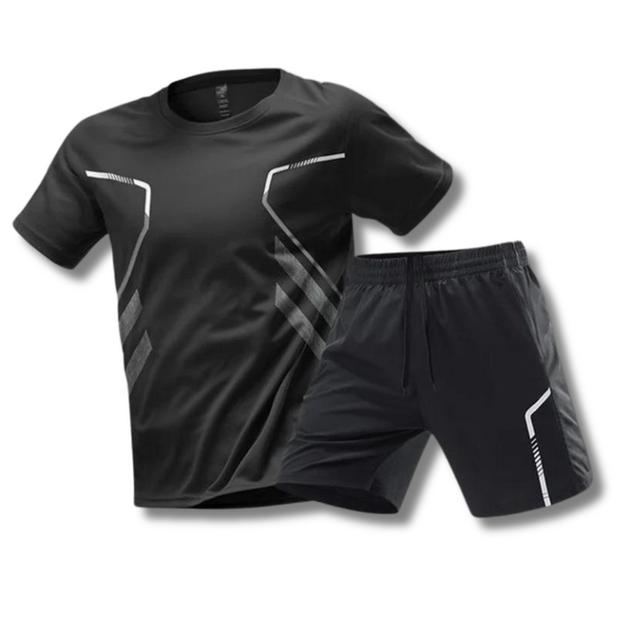 Ensemble de sport homme estival avec t-shirt manches courtes et short ajustable, idéal pour tennis, padel, course.