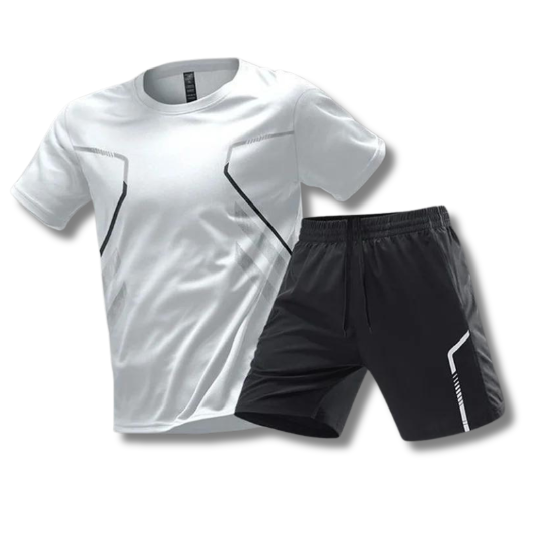 Ensemble de sport homme estival avec t-shirt manches courtes et short ajustable, idéal pour tennis, padel, course.
