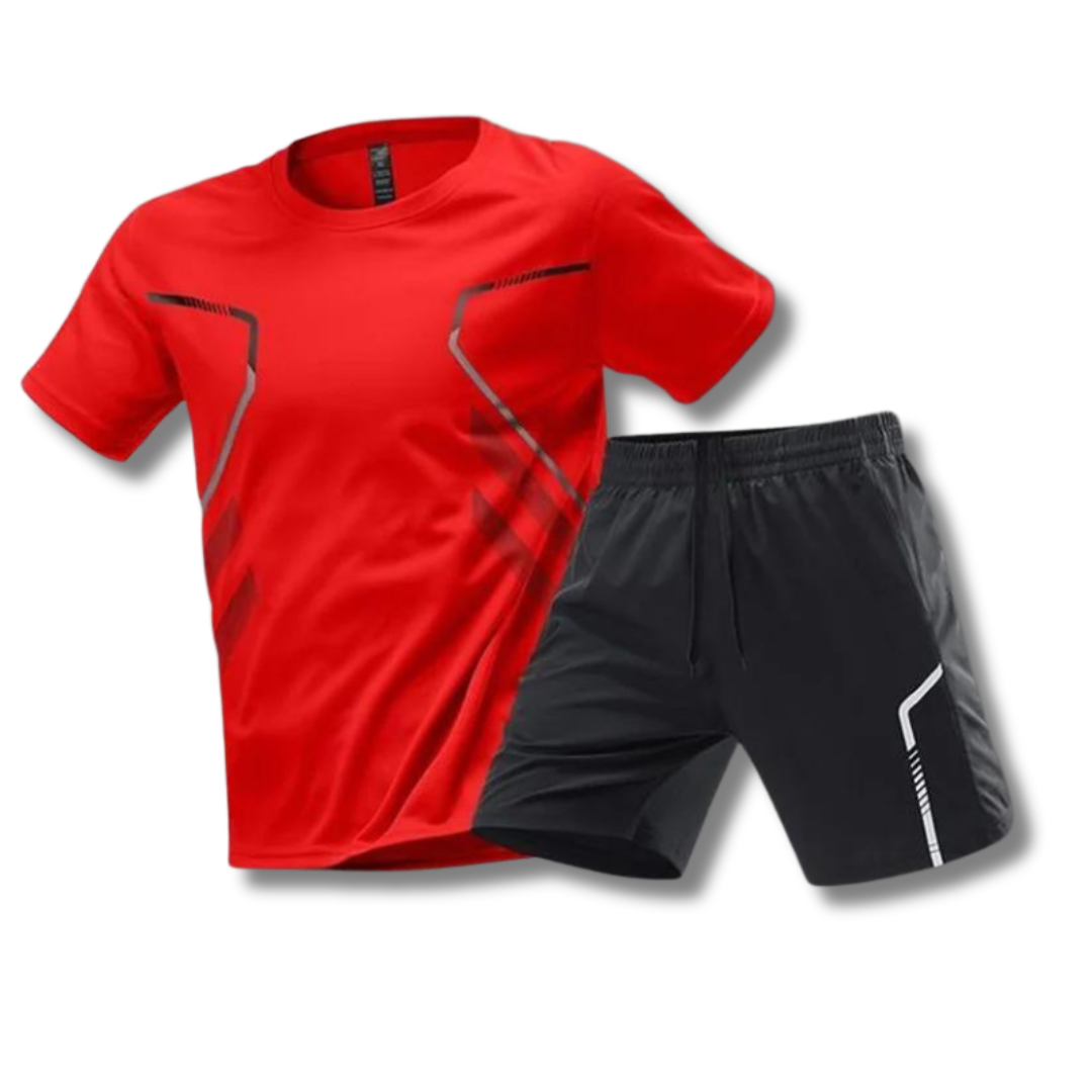 Ensemble de sport homme estival avec t-shirt manches courtes et short ajustable, idéal pour tennis, padel, course.