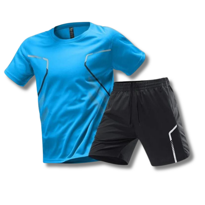 Ensemble de sport homme estival avec t-shirt manches courtes et short ajustable, idéal pour tennis, padel, course.