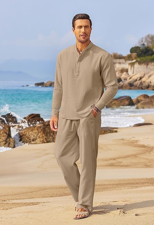Ensemble deux pièces lin homme, élégant, confortable, beige, parfait pour l'été, style décontracté et respirant.