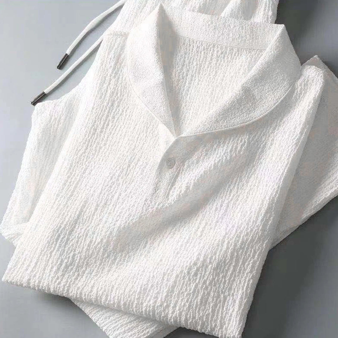 Ensemble en lin pour hommes, chemise blanche et pantalon noir, coupe décontractée et élégante, idéal pour le quotidien.