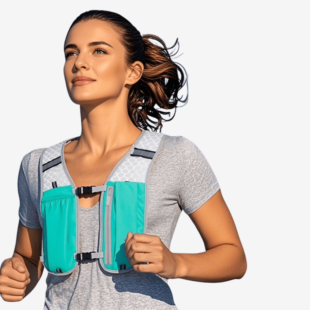 "Gilet de sport respirant unisexe gris avec poches pratiques, bretelles réglables; idéal pour course et randonnée."