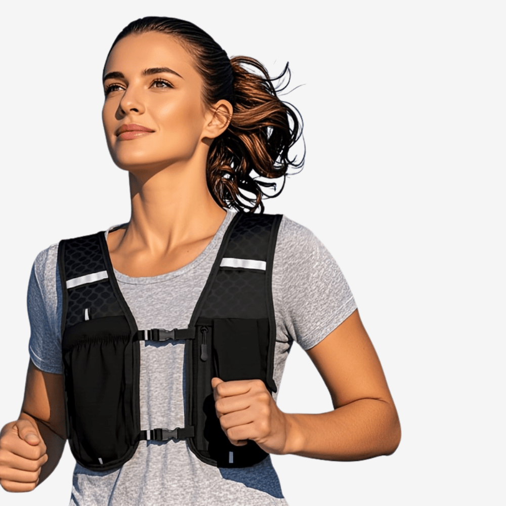 "Gilet de sport respirant unisexe gris avec poches pratiques, bretelles réglables; idéal pour course et randonnée."