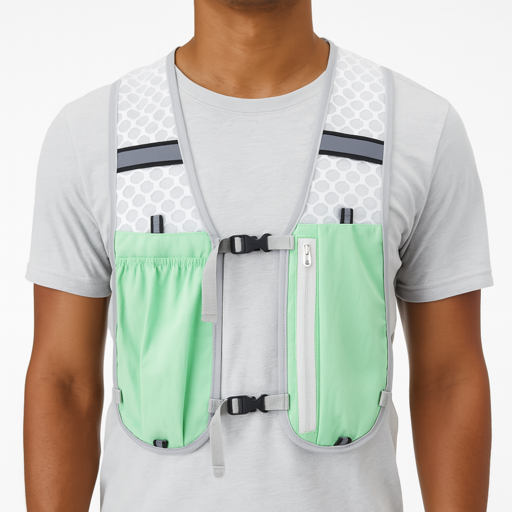 "Gilet de sport respirant unisexe gris avec poches pratiques, bretelles réglables; idéal pour course et randonnée."
