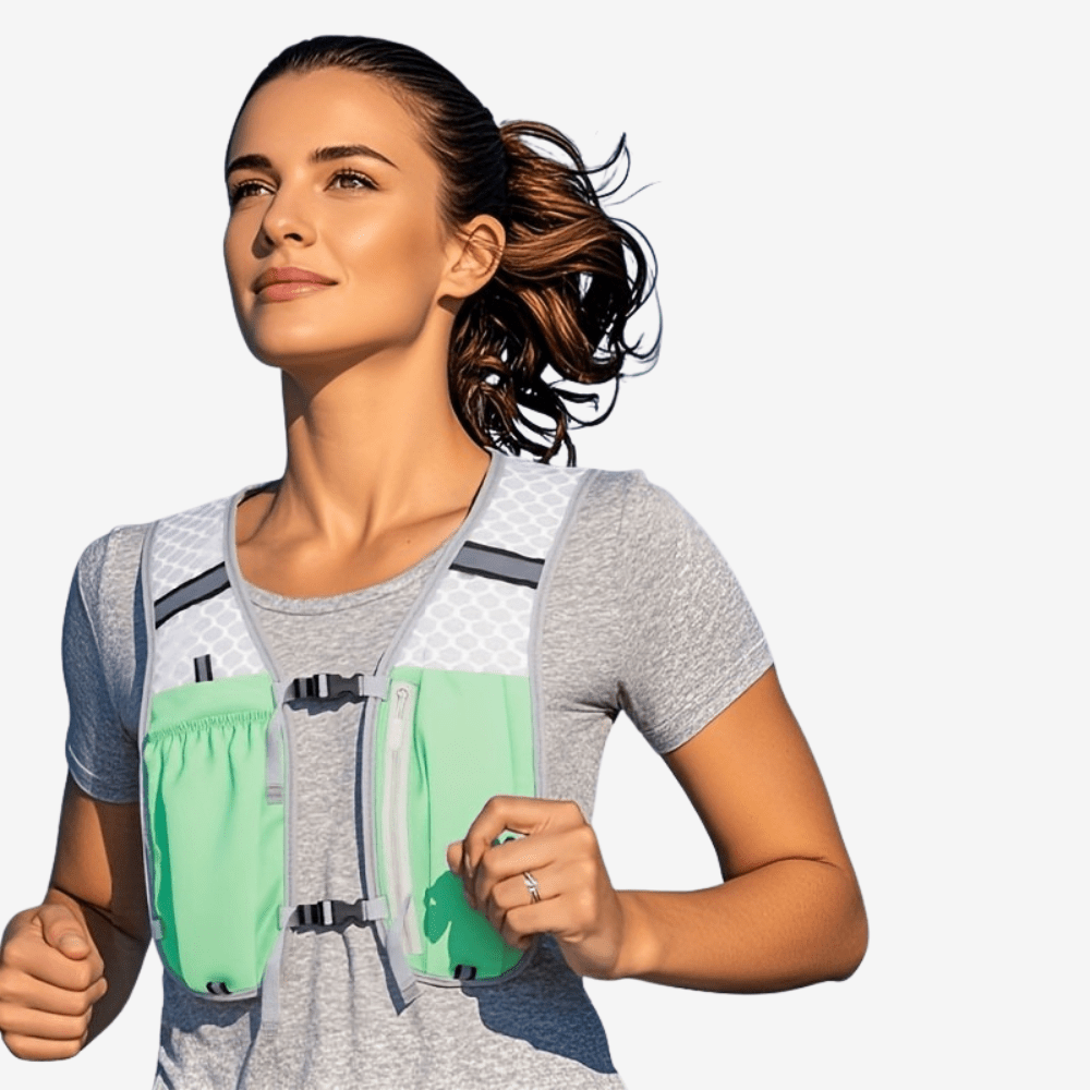 "Gilet de sport respirant unisexe gris avec poches pratiques, bretelles réglables; idéal pour course et randonnée."
