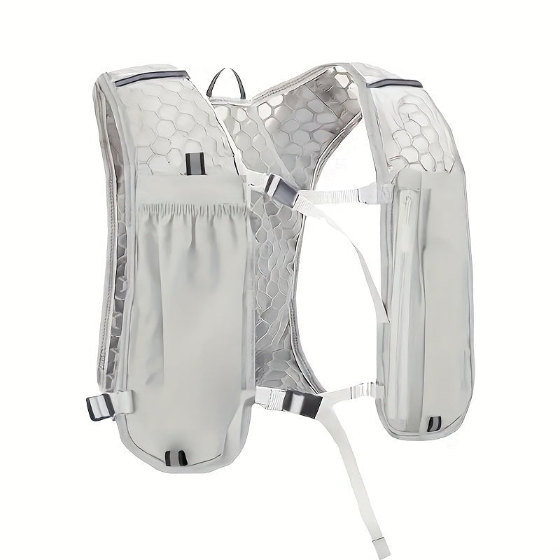 "Gilet de sport respirant unisexe gris avec poches pratiques, bretelles réglables; idéal pour course et randonnée."