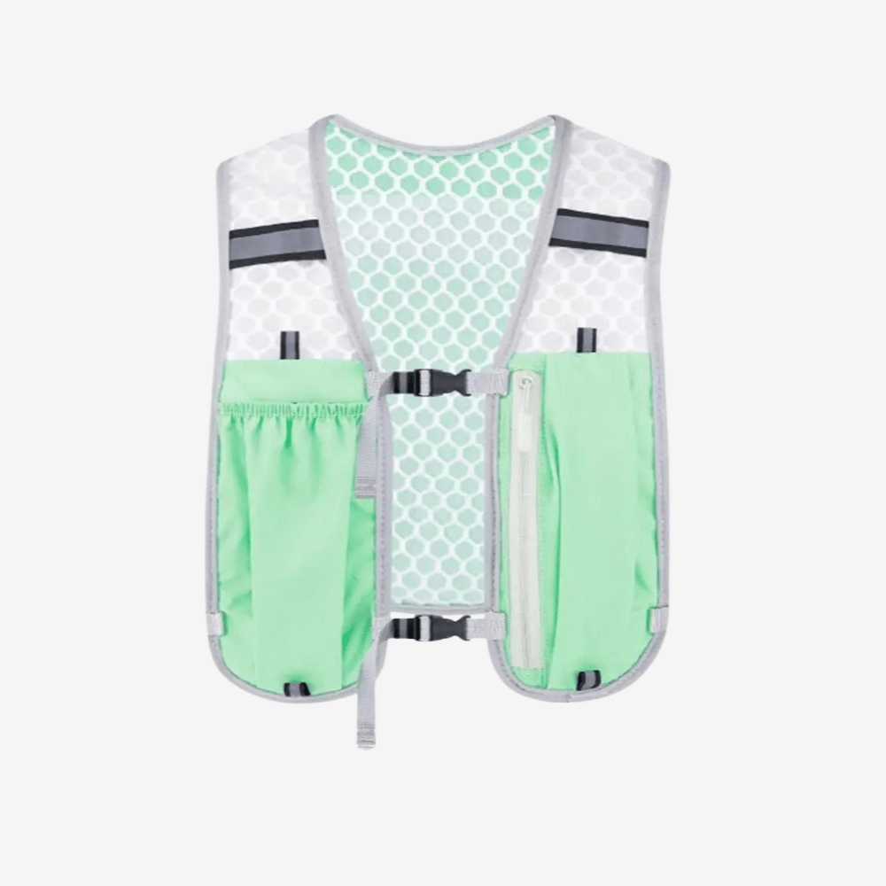 "Gilet de sport respirant unisexe gris avec poches pratiques, bretelles réglables; idéal pour course et randonnée."