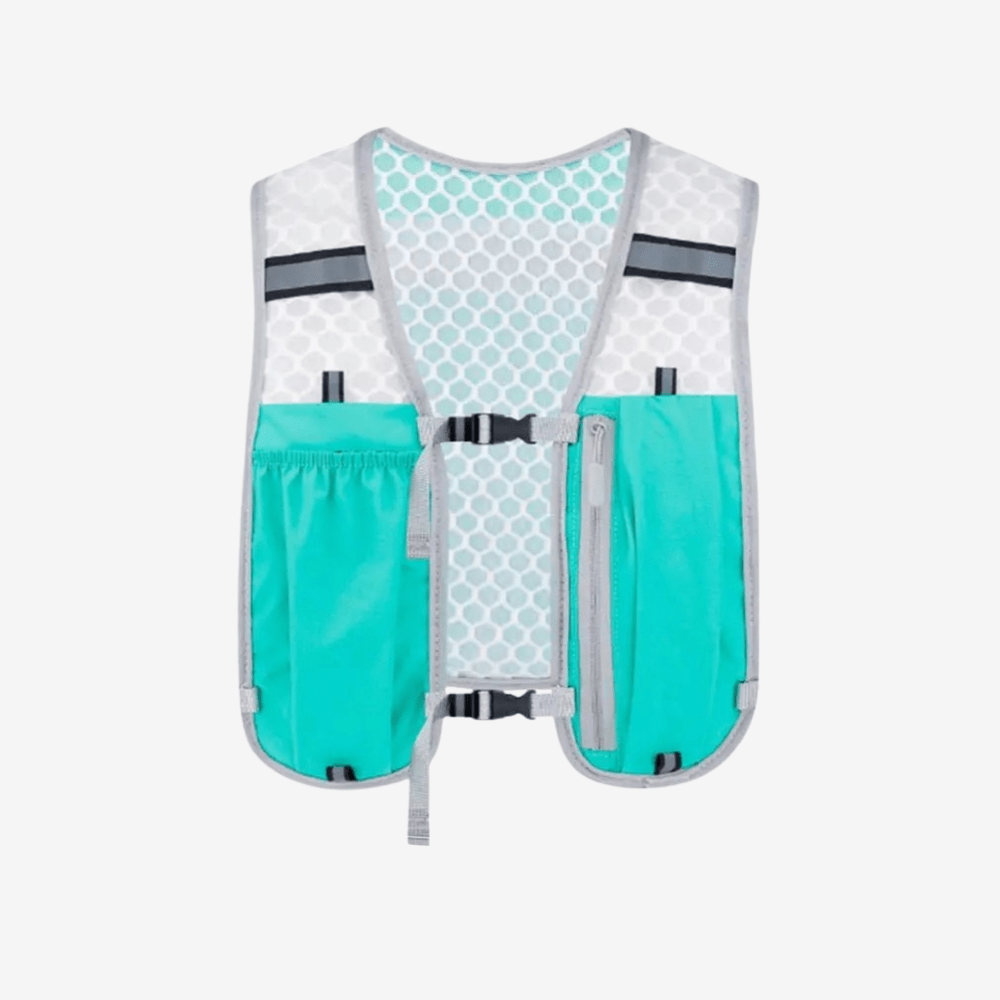 "Gilet de sport respirant unisexe gris avec poches pratiques, bretelles réglables; idéal pour course et randonnée."