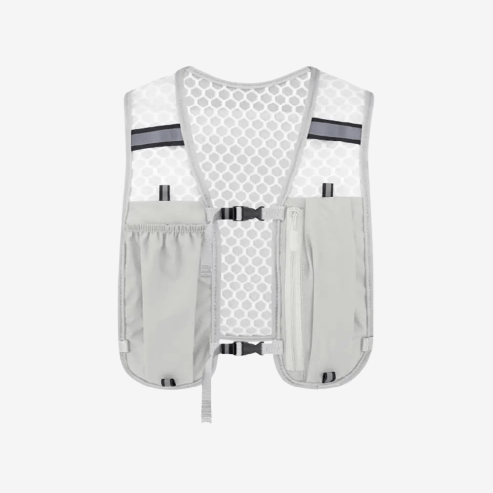 "Gilet de sport respirant unisexe gris avec poches pratiques, bretelles réglables; idéal pour course et randonnée."
