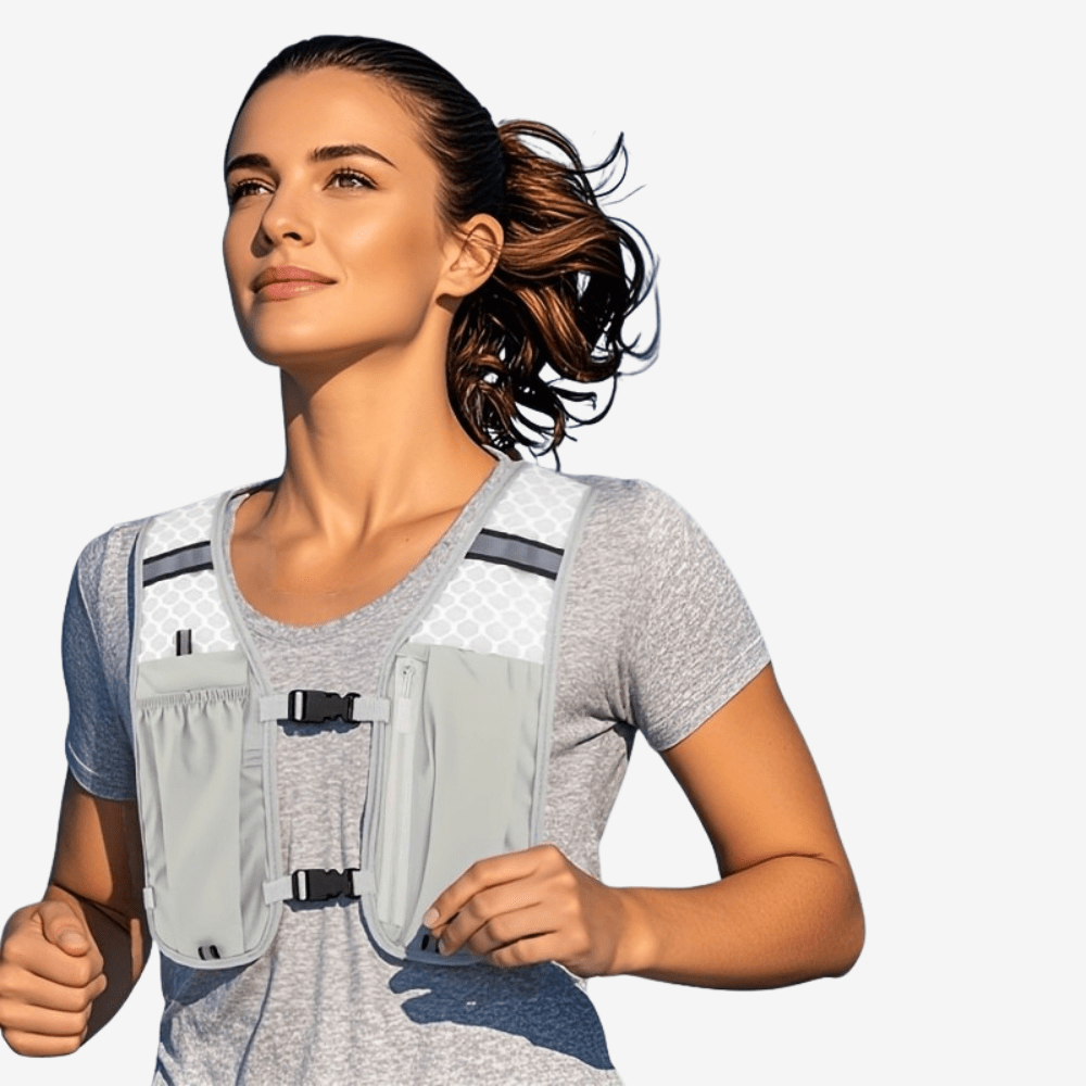 "Gilet de sport respirant unisexe gris avec poches pratiques, bretelles réglables; idéal pour course et randonnée."