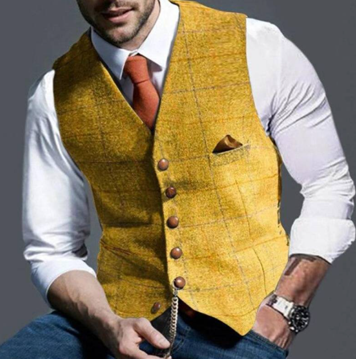 Gilet homme en tweed à carreaux élégant, design classique, fermeture un bouton, sophistique pour événements formels.