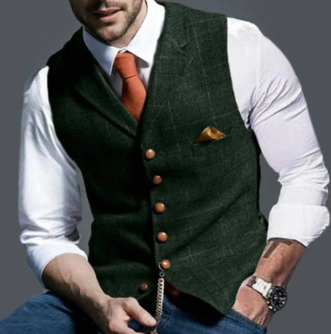 Gilet homme en tweed à carreaux élégant, design classique, fermeture un bouton, sophistique pour événements formels.