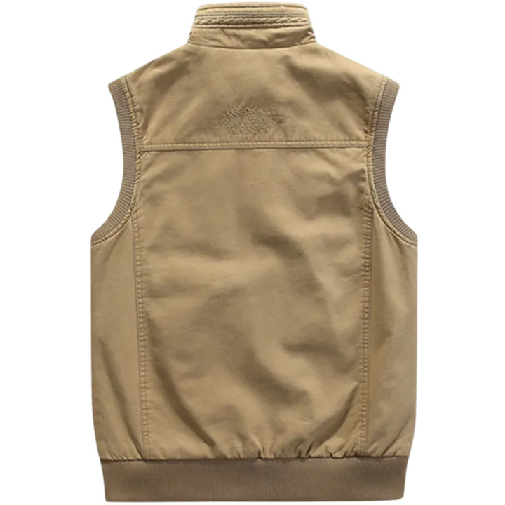"Gilet multi-poches vintage homme, style rétro, sans manches, poches spacieuses, élégant et fonctionnel, couleur classique."