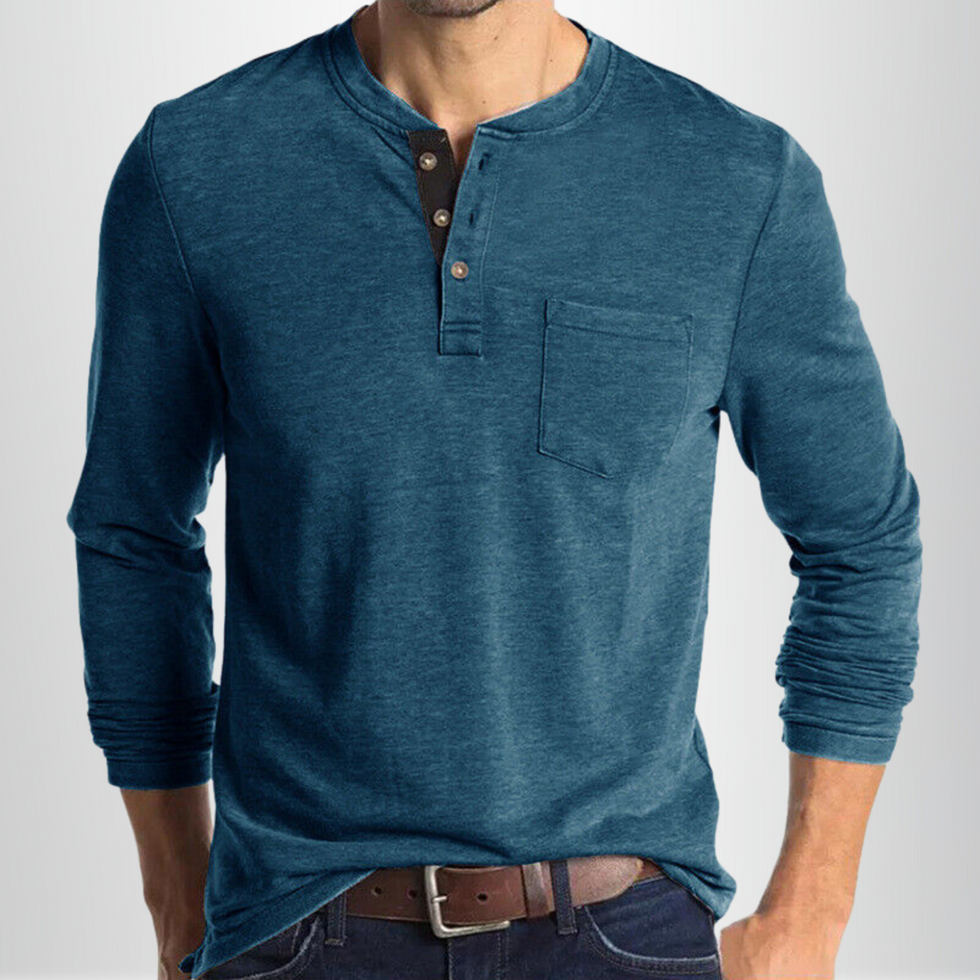 Henley manches longues homme blanc, coupe cintrée, tissu coton mélangé doux, parfait pour style classique et occasions divers