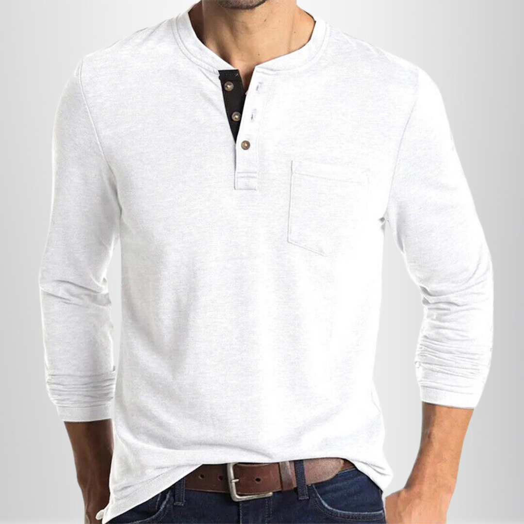 Henley manches longues homme blanc, coupe cintrée, tissu coton mélangé doux, parfait pour style classique et occasions divers