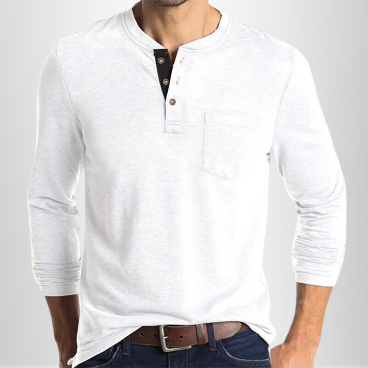 Henley manches longues homme blanc, coupe cintrée, tissu coton mélangé doux, parfait pour style classique et occasions divers