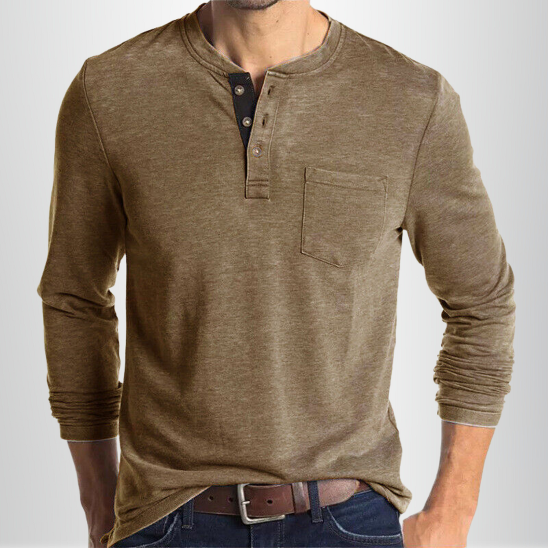 Henley manches longues homme blanc, coupe cintrée, tissu coton mélangé doux, parfait pour style classique et occasions divers