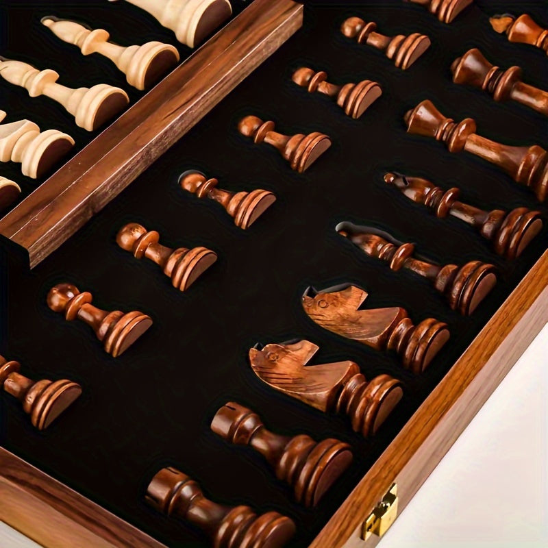 Jeu d'échecs en bois massif, design élégant, pièces artisanales, idéal pour les amateurs, décoration intérieure chic.