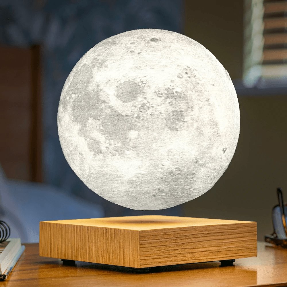 Lampe Lévitation Lunaire flottante, cratères réalistes, sur socle bois élégant, éclairage mystique pour la décoration intérie