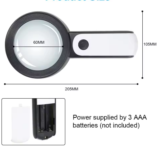 "Loupe 30x LED éclairage, détails clairs pour seniors, accessoire ergonomique, usage confortable, fond blanc."