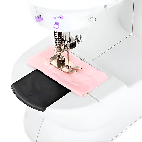 "Machine à coudre électrique compacte, légère, portable, idéale DIY, design blanc classique, fonctionnalité intuitive."