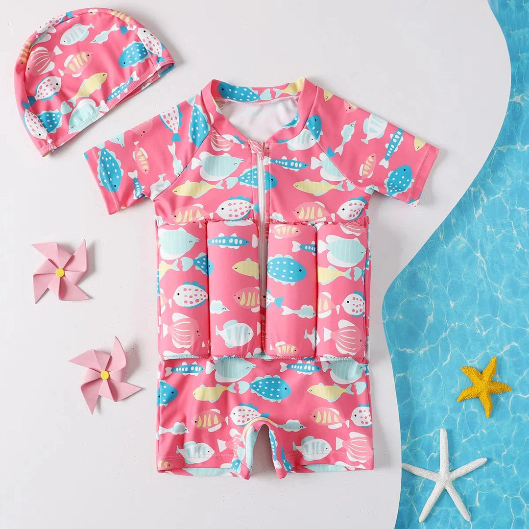 "Maillot de bain bébé flottant bleu et rose, sûr et coloré, avec flottaison intégrée pour confort et jeux aquatiques."