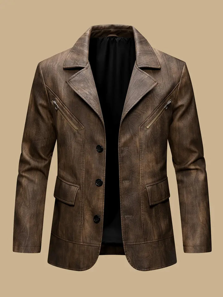 "Manteau en cuir marron classique pour homme, coupe cintrée, allure élégante et durable, style raffiné."